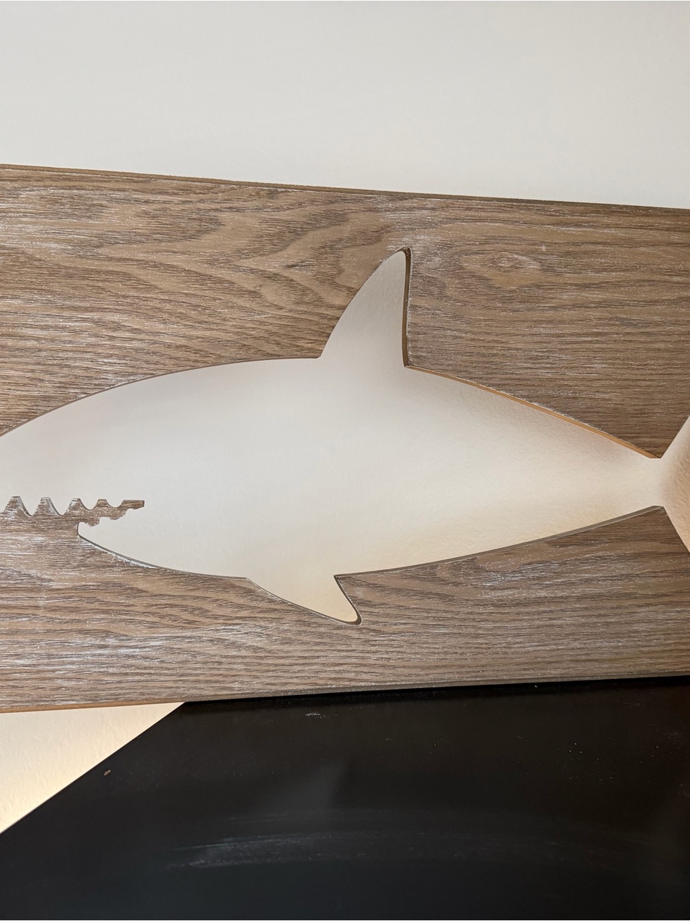 Pillowfort White Shark Silhouette on Brown Wood Wall Art